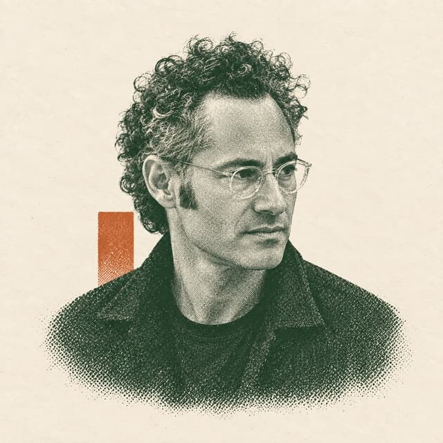 AI-assisted editorial portrait of Alex Karp with curly hair and round glasses, printed in forest-green halftone on cream paper with a small terracotta accent.