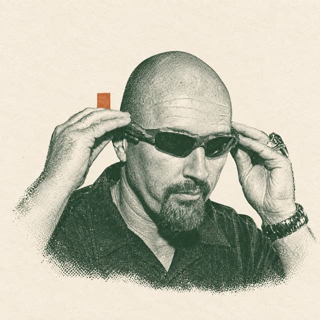 AI-assisted editorial portrait of Jim Jannard adjusting his sunglasses, in forest-green halftone on cream paper.