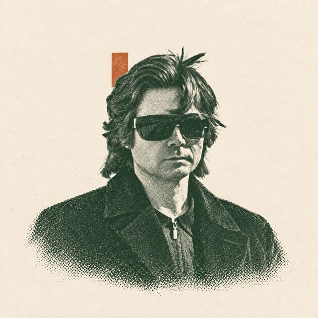 AI-assisted editorial portrait of Vadim Zeland wearing dark sunglasses, in forest-green halftone on cream paper.