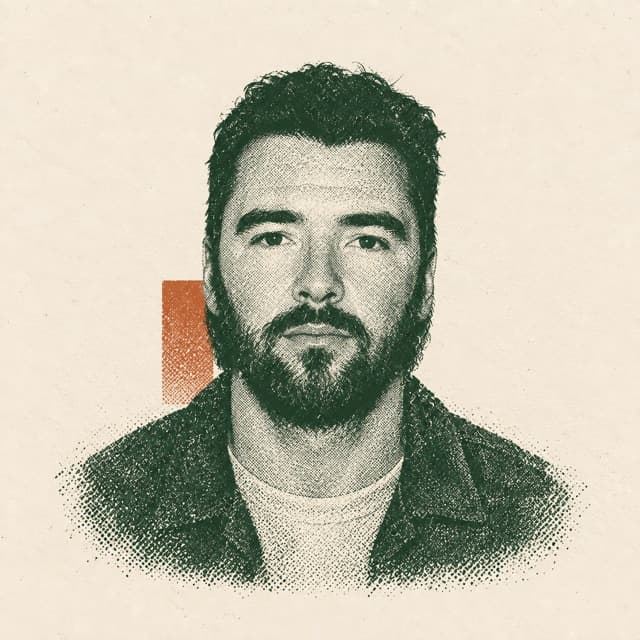 AI-assisted editorial portrait of Jack Butcher with dark curly hair and a full beard, in forest-green halftone on cream paper with a small terracotta accent.
